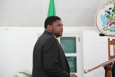 Junior Minister for Communications and Works and Public Utilities in the Nevis Island Administration Hon. Troy Liburd making his presentation during the 2013 Budget Debate at the Nevis Island Assembly Chambers at Hamilton House in Charlestown on April 30, 2013